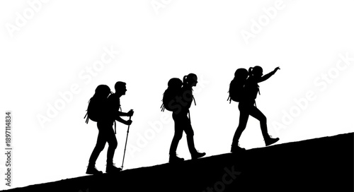Three hikers with backpacks walking uphill silhouette.