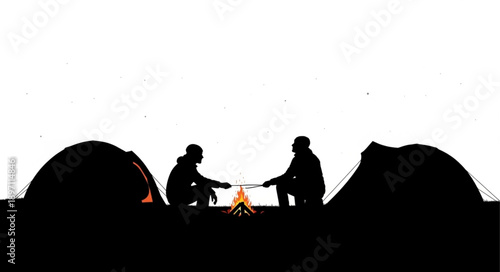 Two people silhouetted by campfire between tents at night.