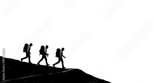 Three hikers walking up a mountain silhouette against white background.