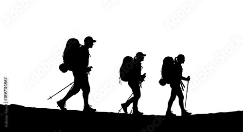 Three hikers with backpacks walking on a trail.