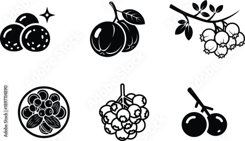 Collection of various fruit icons in black and white illustrations