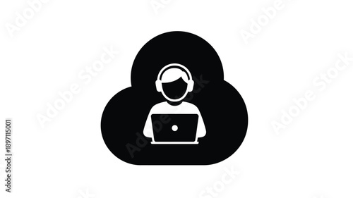 a black silhouette of a person using a laptop and headphones