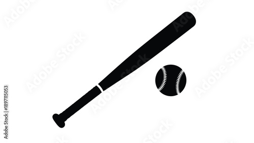 a black and white baseball bat and ball illustration simple silhouette