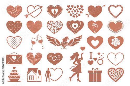 A collection of terracotta colored icons depicting love romance celebrations and domestic life on a white background