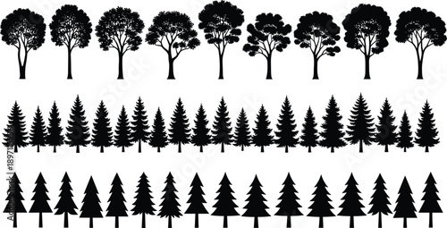 Tree Silhouette Set Featuring Deciduous and Pine Forest Trees in Black Flat Vector Style for Landscape, Nature and Environmental Designs