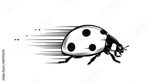 a black and white illustration of a ladybug running with speed lines silhouette