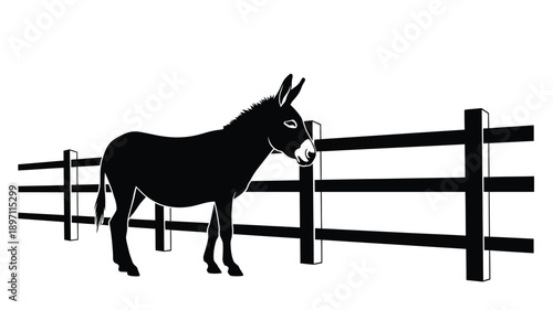 a black silhouette of a donkey standing near a wooden fence