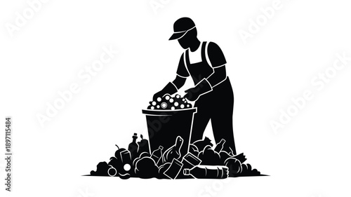 a worker in overalls harvesting produce from a bucket silhouette