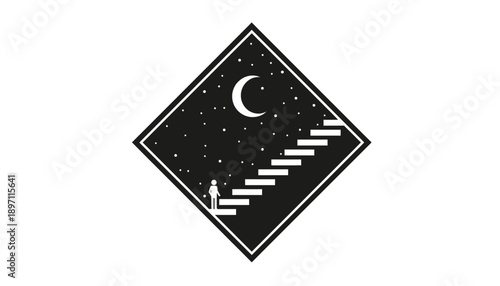 Black diamond sign with white crescent moon and stairs on starry night sky background