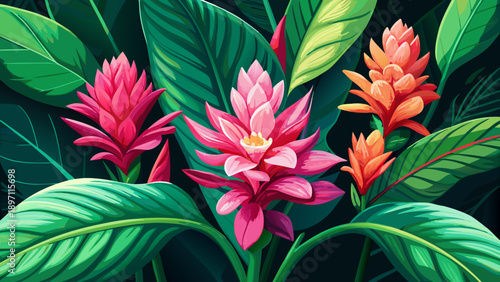 Very beautiful vibrant pink ginger flowers in full bloom create a striking close-up contrast against deep green foliage, highlighting tropical botanical elegance, freshness, and rich natural color har