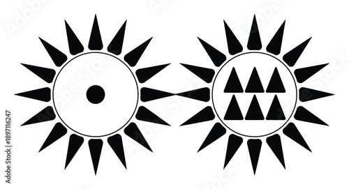 Abstract Black and White Sun Symbols with Geometric Inner Designs