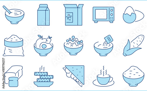 A set of flat icons related to Breakfast. Milk, cereal, grains, diet, sandwich, bread, tea, oats, fruits, and so on.