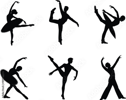 Ballet dancer silhouette vector set, elegant dance poses, black performance icons, artistic choreography illustration for stage, movement, and classical design themes