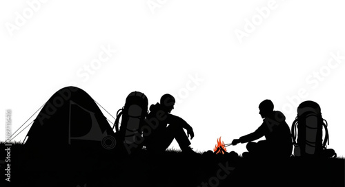 Silhouette of campers enjoying a campfire at night with tents and backpacks.