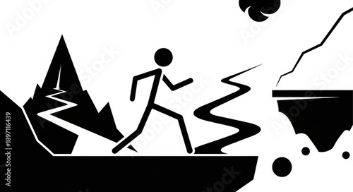 Stick figure running across a challenging landscape with obstacles.