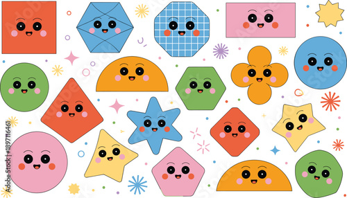 Cute geometric shape vector set, colorful cartoon polygons with faces, educational design for kids, playful learning illustration, cheerful classroom decor elements