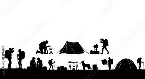 Silhouettes of hikers and campers with tents and equipment on white background.
