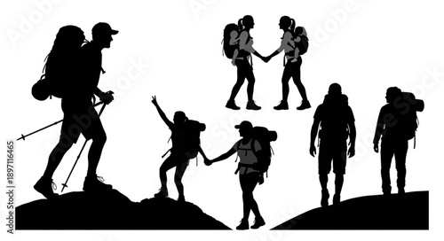 Silhouettes of hikers with backpacks and trekking poles on mountain peaks.
