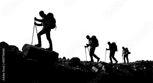Silhouettes of hikers trekking up a rocky mountain path.