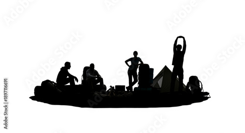 Silhouette of hikers resting with camping gear at sunset.