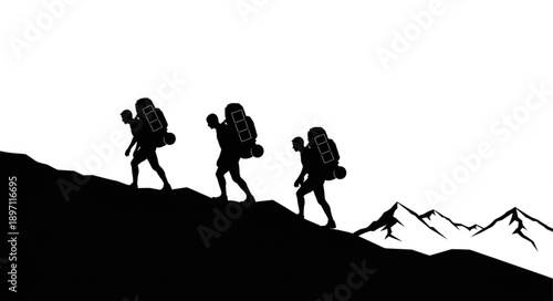Three hikers with backpacks climbing a steep mountain slope silhouette.