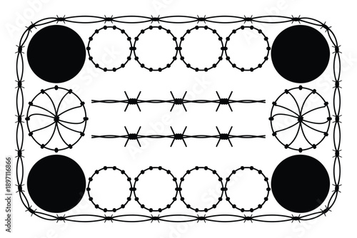 Abstract Barbed Wire and Circle Design with Black Circles and Starbursts