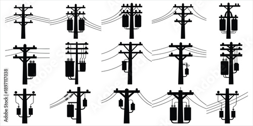 Assorted black silhouette utility poles with transformers and multiple power lines electricity overhead line