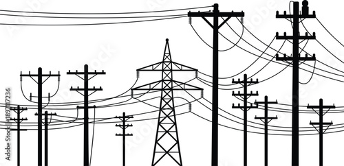 Black silhouettes of various electricity poles and a transmission tower with tangled wires power line