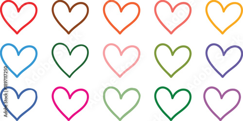 Colorful heart outline vector set, multicolor love symbols, symmetrical romantic pattern design, decorative graphic for Valentine’s Day, celebration, or diversity themes