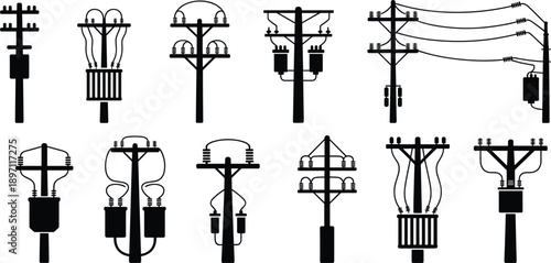 Collection of 10 black silhouette icons of electricity poles with transformers and wires power line utility pole