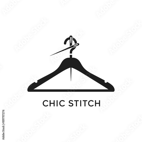 Elegant clothes hanger combined with sewing needle logo for fashion boutique and tailor shop brand identity named Chic Stitch