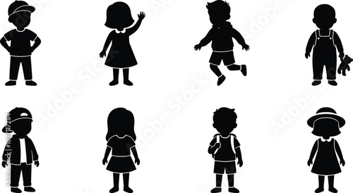 Set of cute children silhouettes including boys and girls, diverse kids standing, waving, jumping, and playing with teddy bear