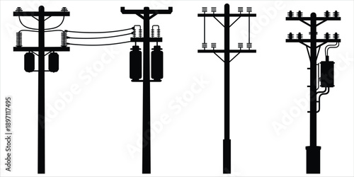 Four electricity poles with transformers and insulators in silhouette on white background power