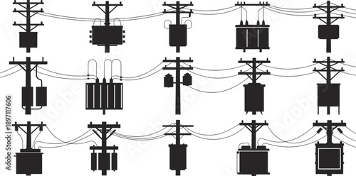 Group of black silhouette utility poles with transformers and overhead power lines electricity overhead line