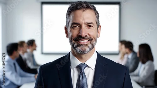 Portrait of a smiling middle-aged male executive in a suit, with blurred colleagues and blank screen in background, concept for management strategy, corporate recruitment and business leadership