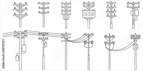 Line art collection of various utility poles with transformers and wires electricity power line