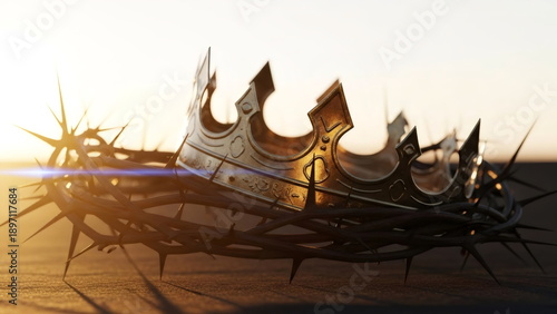 A crown of thorns and a crucifix on the ground, a golden crown resting on the crown of thorns with shiapmi. The image of the King of the Earth. A religious Easter concept.