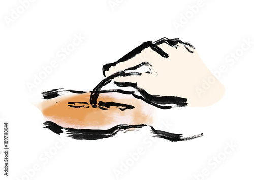 烏賊を捌く和風筆イラスト素材