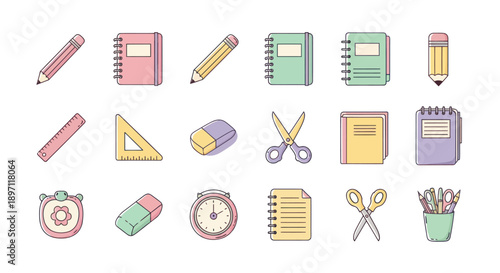 Colorful school supplies icons set