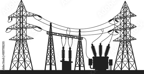 Silhouette of a high voltage electrical substation with transformers and towers Keywords: electricity, power line, transmission