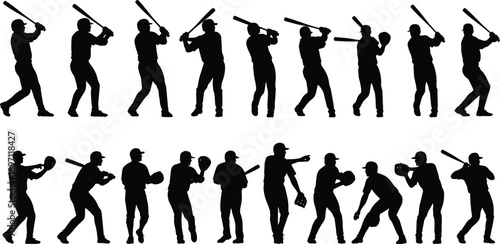 Baseball player silhouettes showing batting stances and swing sequence plus fielding throwing catching pitching poses isolated on white background for sports training illustration set