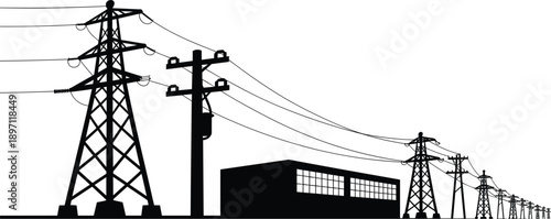 Silhouette of electrical transmission towers and a factory building with power lines Keywords: electricity, power line
