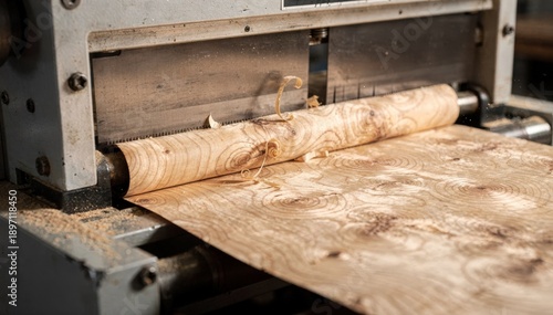 Medium frame showing vertical slicer delicately slicing figured grain softwood veneer emphasizing the woods unique swirling patterns and decorative surface quality.