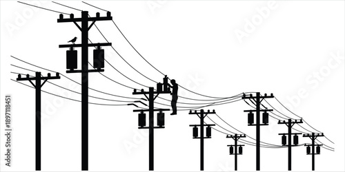 Silhouette of lineman on utility pole with multiple power lines and a crow electricity worker
