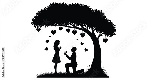 A romantic proposal under a tree with falling hearts silhouette
