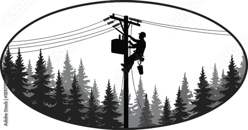 Silhouette of lineman working on utility pole with transformer against pine trees electricity power lines