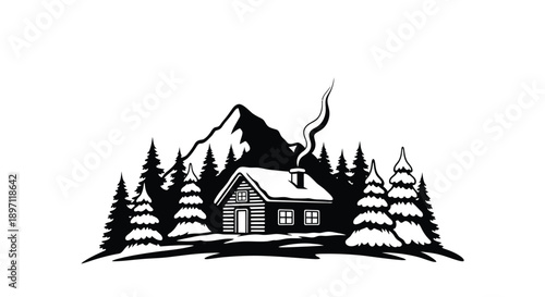 Cozy cabin nestled in snowy mountains a striking silhouette