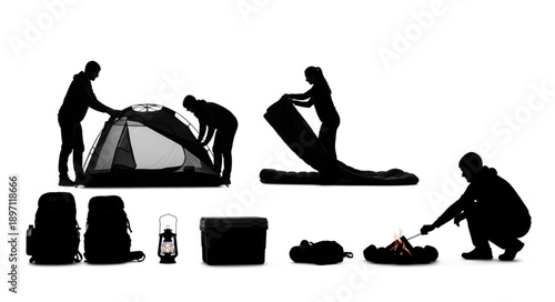 People setting up camping gear including tent sleeping bags and backpacks.