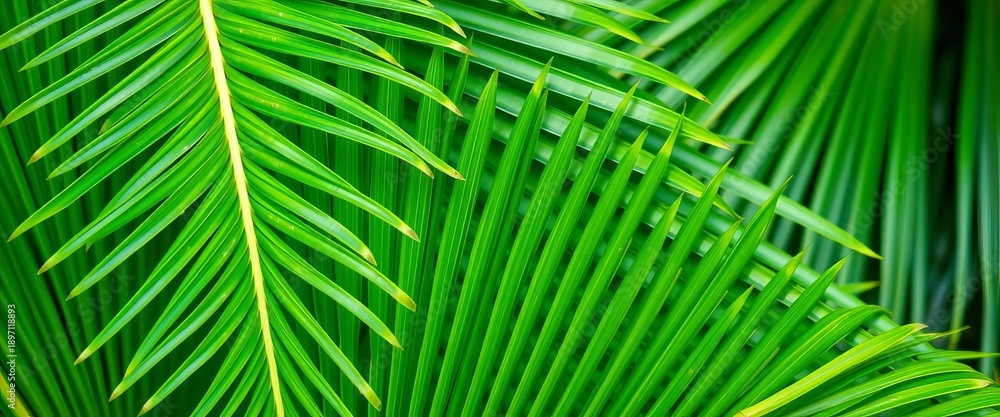 Fototapeta premium Close-up of vibrant green Chinese fan palm fronds, showcasing intricate texture, East Asian plant, botanical photography