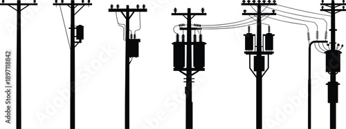 Silhouettes of electricity poles with transformers and insulators on a white background power